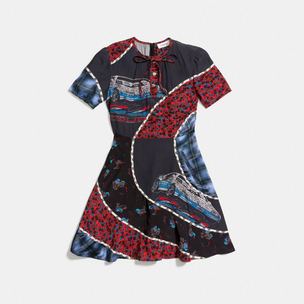 COACH®,CAR PRINT CIRCULAR PATCHWORK DRESS,Silk,Multicolor,Scale View