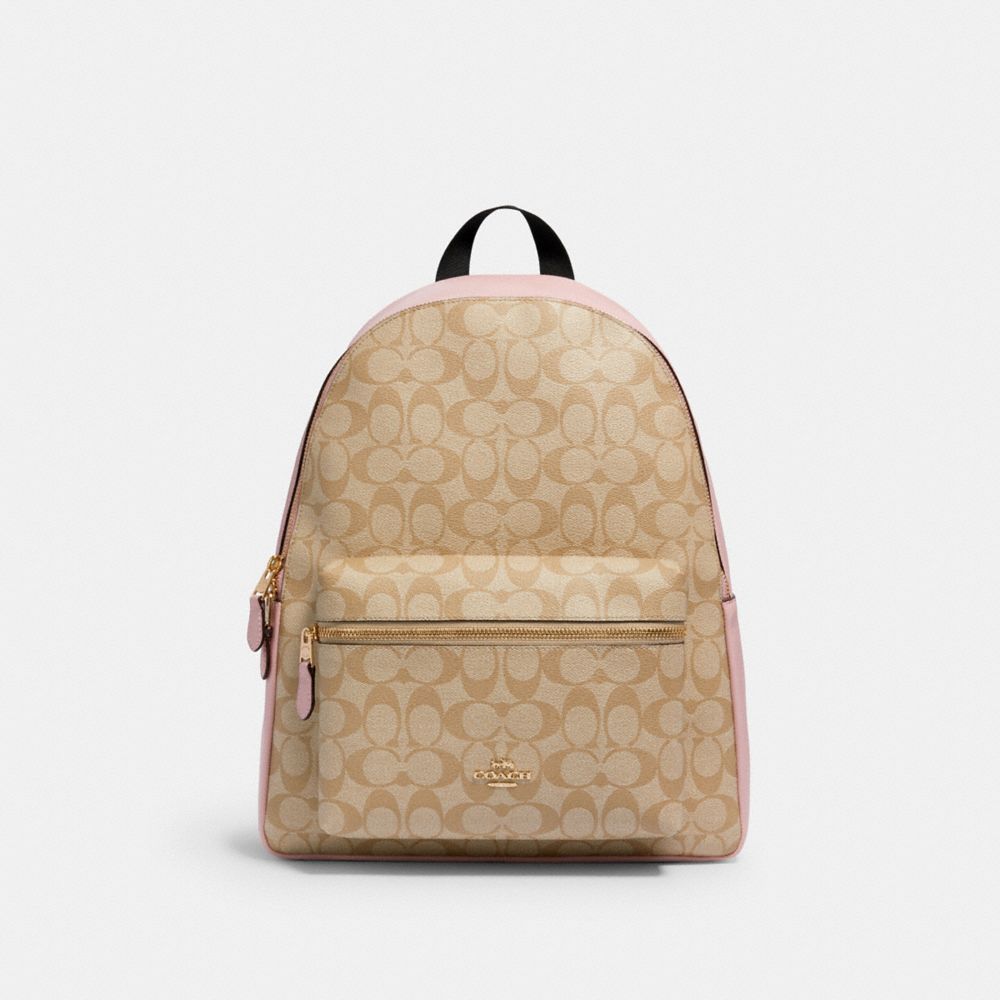 COACH®,CHARLIE BACKPACK IN SIGNATURE CANVAS,pvc,Gold/Light Khaki Blossom,Front View