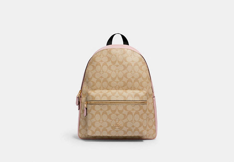 COACH®,CHARLIE BACKPACK IN SIGNATURE CANVAS,pvc,Gold/Light Khaki Blossom,Front View