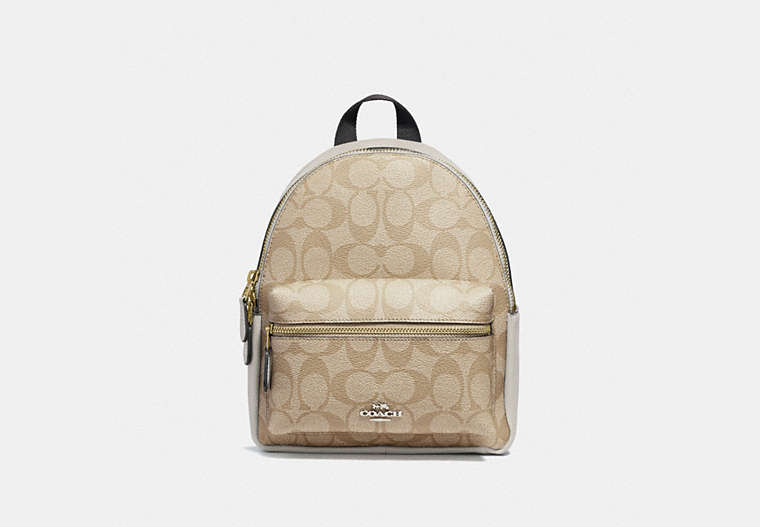 COACH®,MINI CHARLIE BACKPACK IN SIGNATURE CANVAS,pvc,Gold/Light Khaki Chalk,Front View