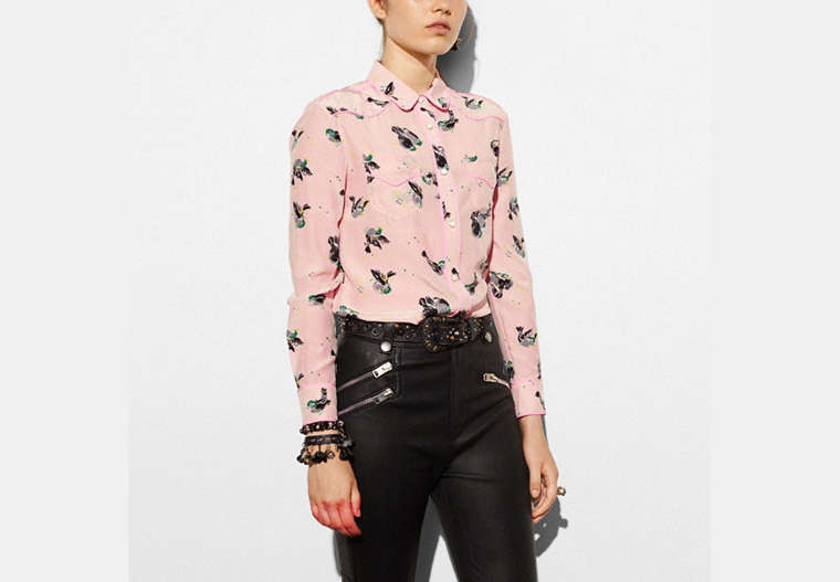 COACH®,PRINTED PIPED BLOUSE,Silk,SHELL,Front View