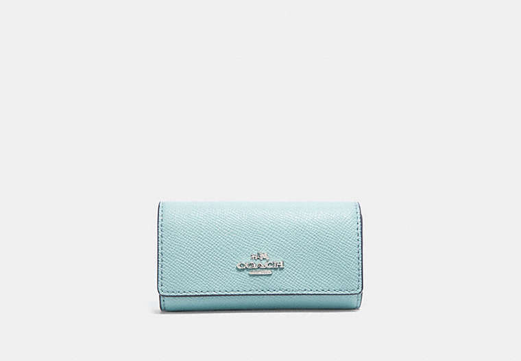 COACH®,SIX RING KEY CASE,pusplitleather,Silver/Light Turquoise,Front View