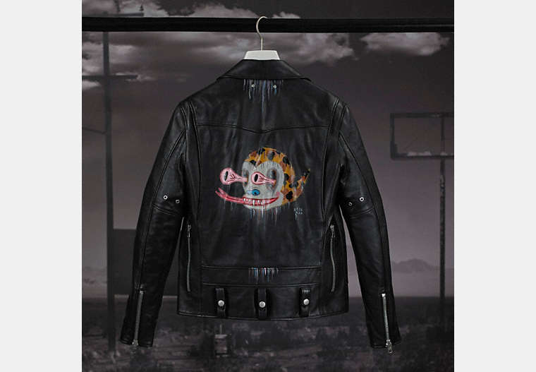 COACH®,BASEMAN CUSTOM PAINTED MOTO JACKET,Leather,Black,Front View