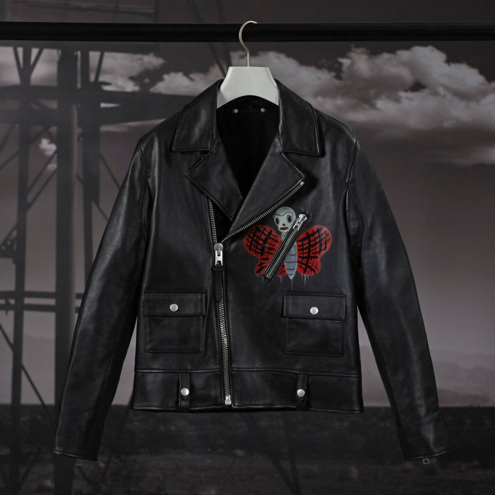 COACH®,BASEMAN CUSTOM PAINTED MOTO JACKET,Leather,Black,Angle View