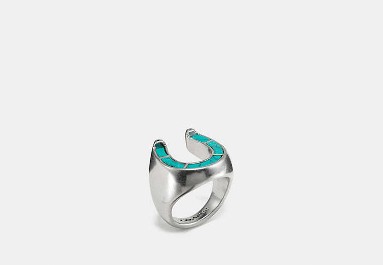 COACH®,WESTERN HORSESHOE RING,Mixed Material,Silver/TURQUOISE,Front View
