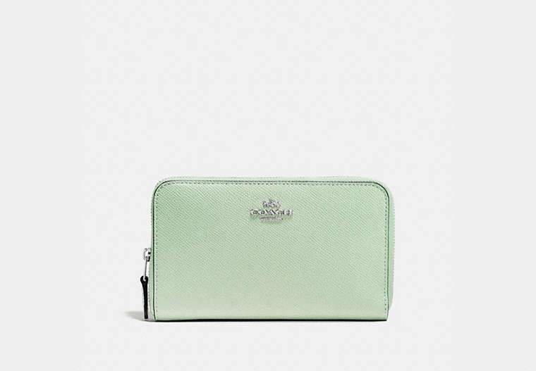 COACH®,MEDIUM ZIP AROUND WALLET,Pebble Leather,Mini,Silver/Pale Green,Front View