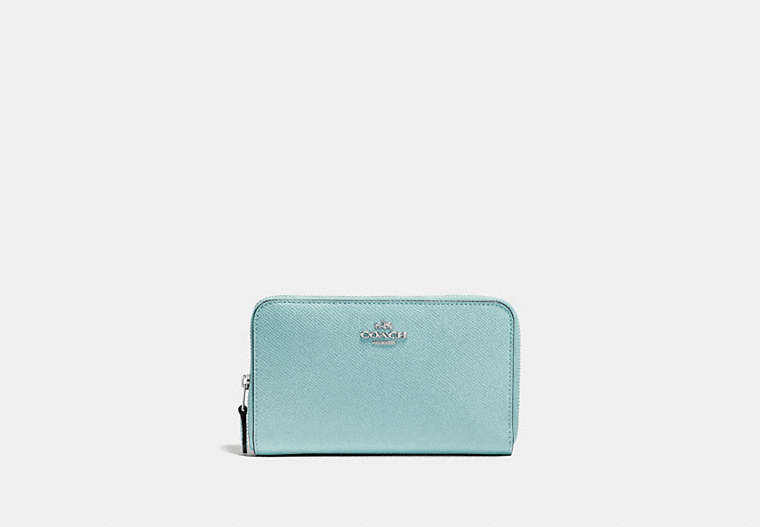 COACH®,MEDIUM ZIP AROUND WALLET,Pebble Leather,Mini,Silver/Light Turquoise,Front View