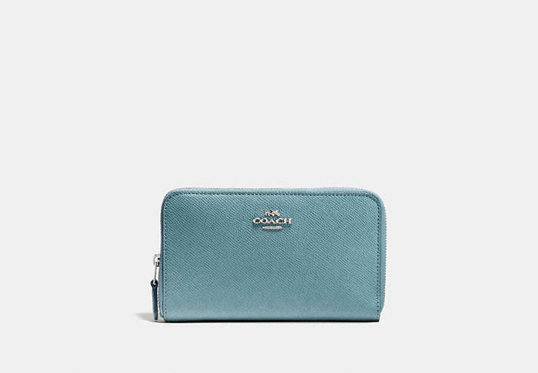 COACH®,MEDIUM ZIP AROUND WALLET,Pebble Leather,Mini,Silver/Cloud,Front View