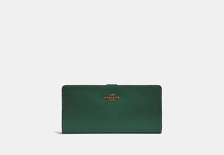 COACH®,SKINNY WALLET,Calf Leather,Mini,Brass/Evergreen,Front View
