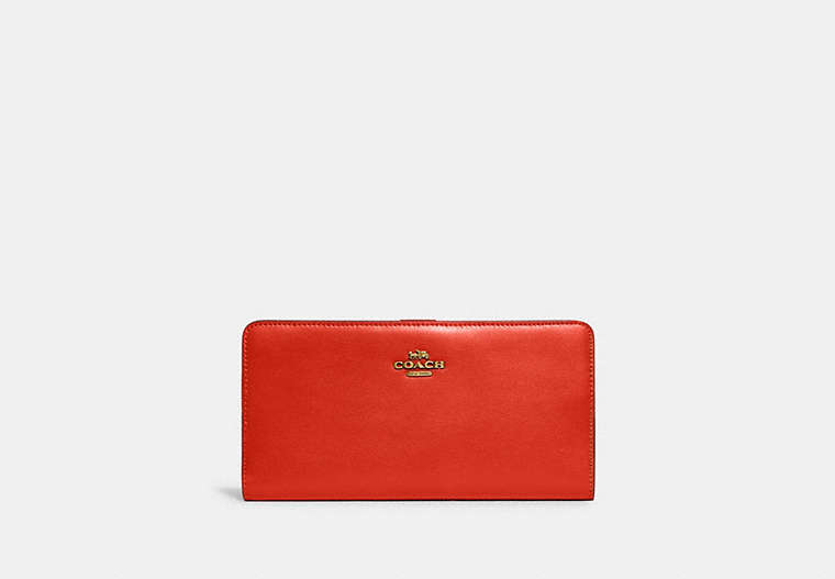 COACH®,SKINNY WALLET,Calf Leather,Mini,Brass/Red Orange,Front View