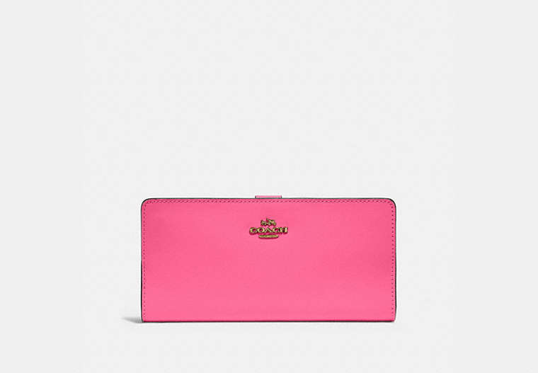 COACH®,SKINNY WALLET,Calf Leather,Mini,Brass/Confetti Pink,Front View
