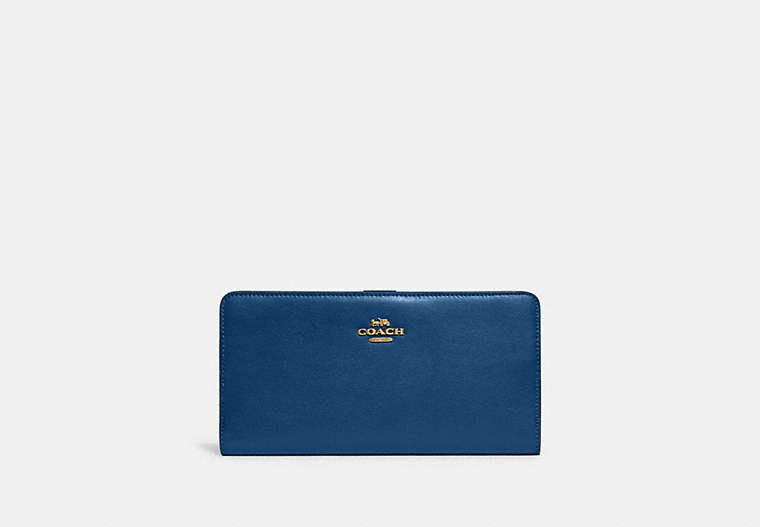 COACH®,SKINNY WALLET,Calf Leather,Mini,Brass/Blue,Front View