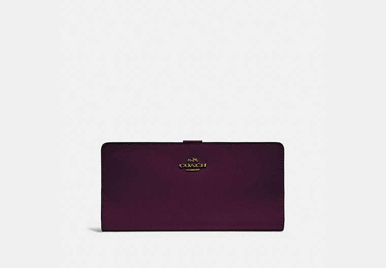 COACH®,SKINNY WALLET,Calf Leather,Mini,Brass/Plum,Front View