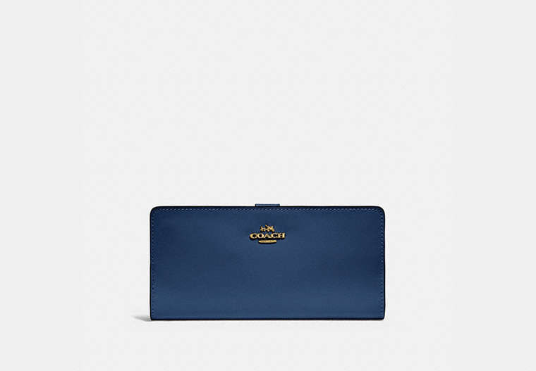 COACH®,SKINNY WALLET,Calf Leather,Mini,Brass/Deep Blue,Front View