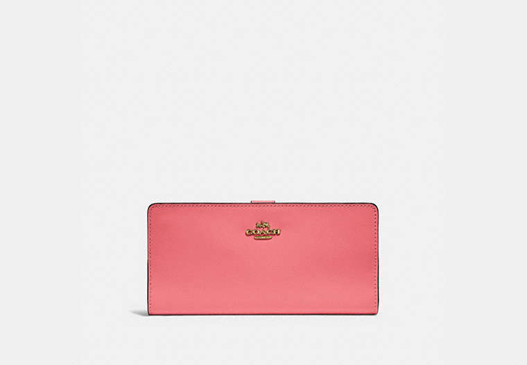 COACH®,SKINNY WALLET,Calf Leather,Mini,Brass/Taffy,Front View