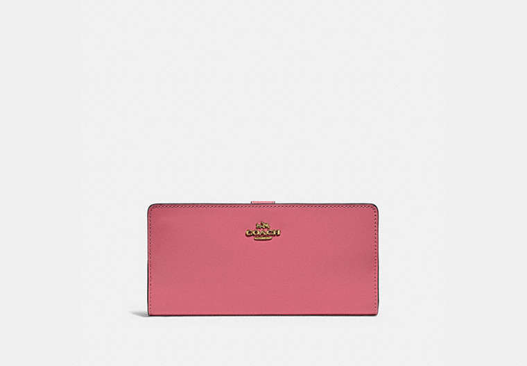 COACH®,SKINNY WALLET,Calf Leather,Mini,Brass/Red,Front View