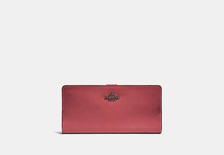 COACH®,SKINNY WALLET,Calf Leather,Mini,Gunmetal/Washed Red,Front View
