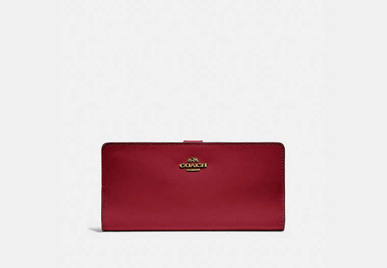 COACH®,SKINNY WALLET,Calf Leather,Mini,Gold/Deep Red,Front View