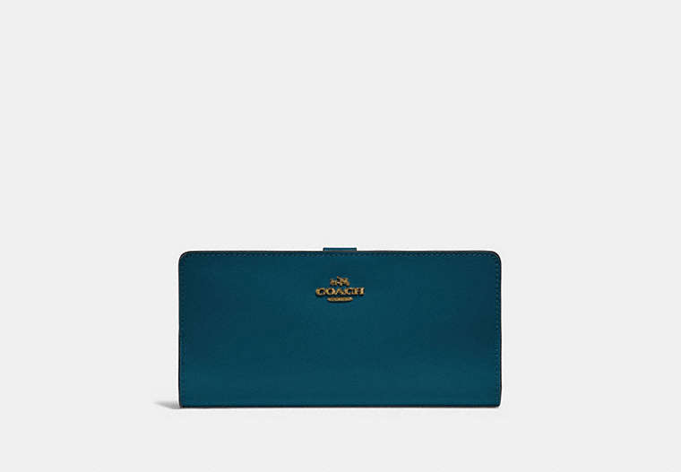 COACH®,SKINNY WALLET,Calf Leather,Mini,Gold/Peacock,Front View