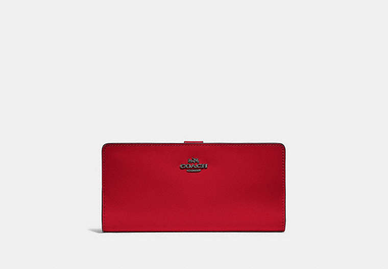 COACH®,SKINNY WALLET,Calf Leather,Mini,Gunmetal/Red Apple,Front View