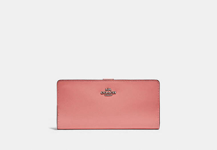 COACH®,SKINNY WALLET,Calf Leather,Mini,Silver/Bright Coral,Front View