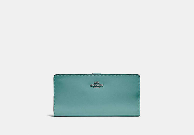 COACH®,SKINNY WALLET,Calf Leather,Mini,Silver/Marine,Front View