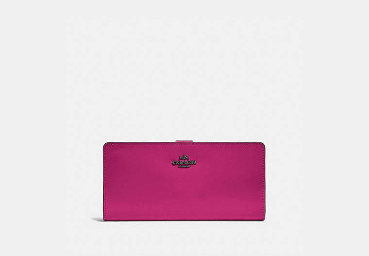 COACH®,SKINNY WALLET,Calf Leather,Mini,Pewter/Cerise,Front View