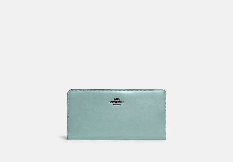 COACH®,SKINNY WALLET,Calf Leather,Mini,Pewter/Aqua,Front View