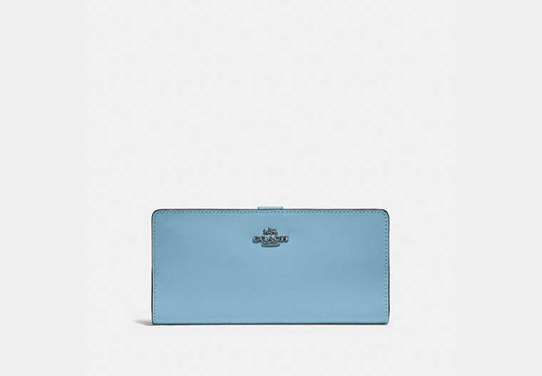 COACH®,SKINNY WALLET,Calf Leather,Mini,Pewter/Azure,Front View