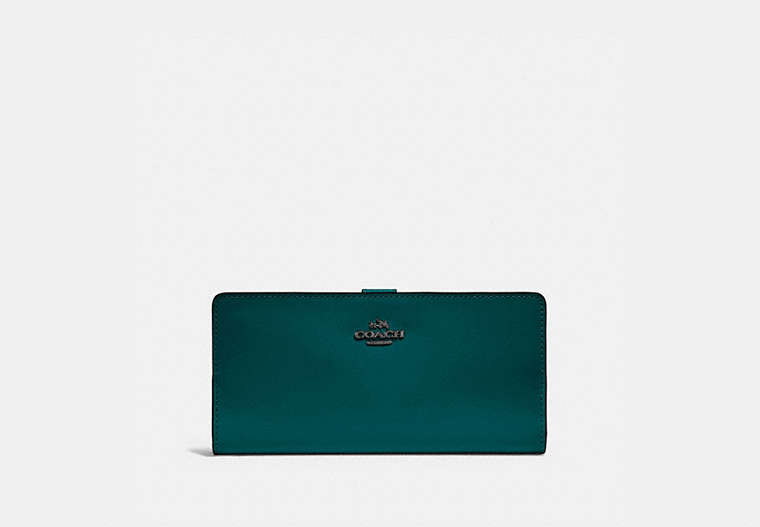 COACH®,SKINNY WALLET,Calf Leather,Mini,Pewter/Forest,Front View