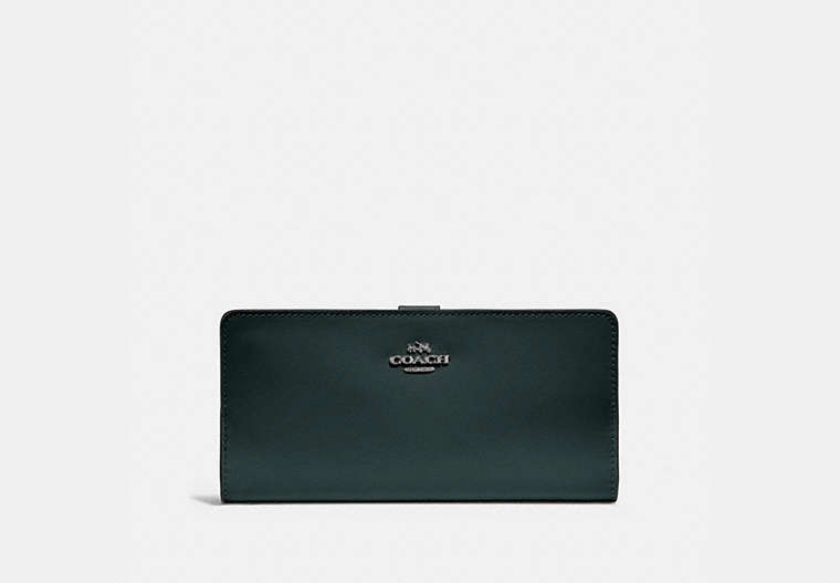 COACH®,SKINNY WALLET,Calf Leather,Mini,Pewter/Pine Green,Front View