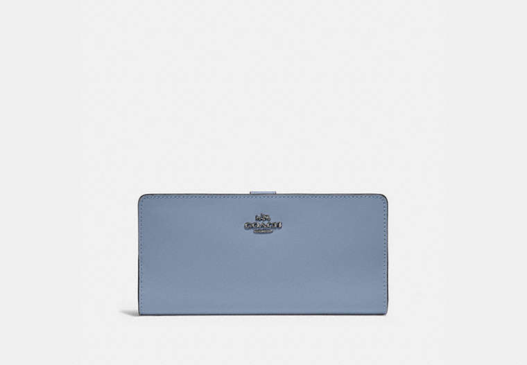 COACH®,SKINNY WALLET,Calf Leather,Mini,Pewter/Bluebell,Front View
