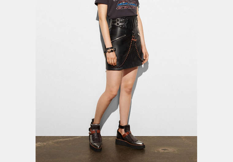 COACH®,BELTED MOTO SKIRT,Leather,Black,Front View