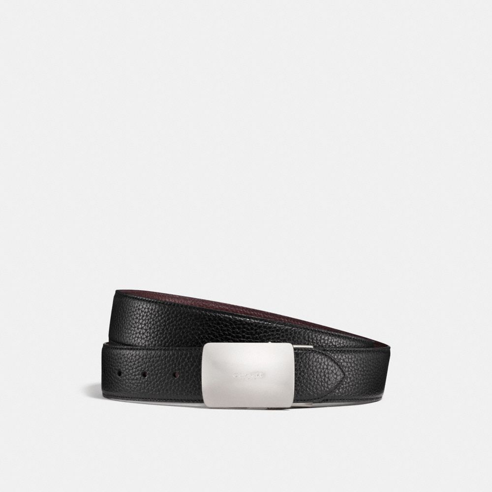COACH®,PLAQUE BUCKLE CUT-TO-SIZE REVERSIBLE BELT, 38MM,Pebbled Leather,BLACK/MAHOGANY,Front View