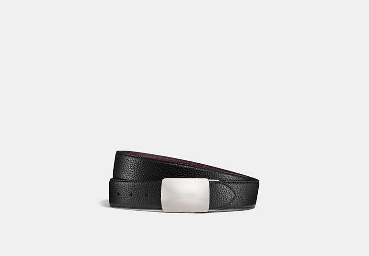 COACH®,PLAQUE BUCKLE CUT-TO-SIZE REVERSIBLE BELT, 38MM,Pebbled Leather,BLACK/MAHOGANY,Front View image number 0