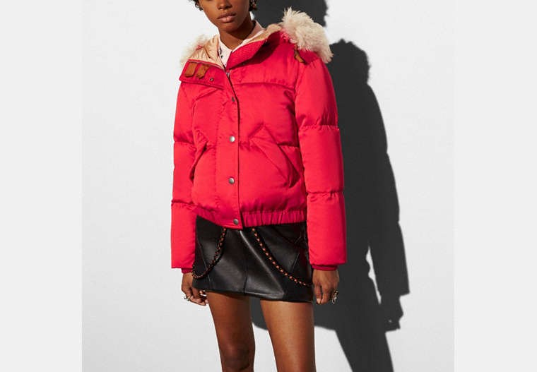 COACH®,PUFFER JACKET WITH SHEARLING,Synthetic,Bright Red,Front View