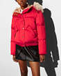 COACH®,PUFFER JACKET WITH SHEARLING,Synthetic,Bright Red,Front View