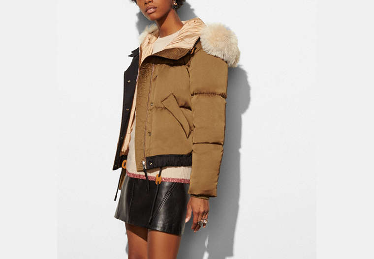 COACH®,PUFFER JACKET WITH SHEARLING,Synthetic,Bronze,Front View