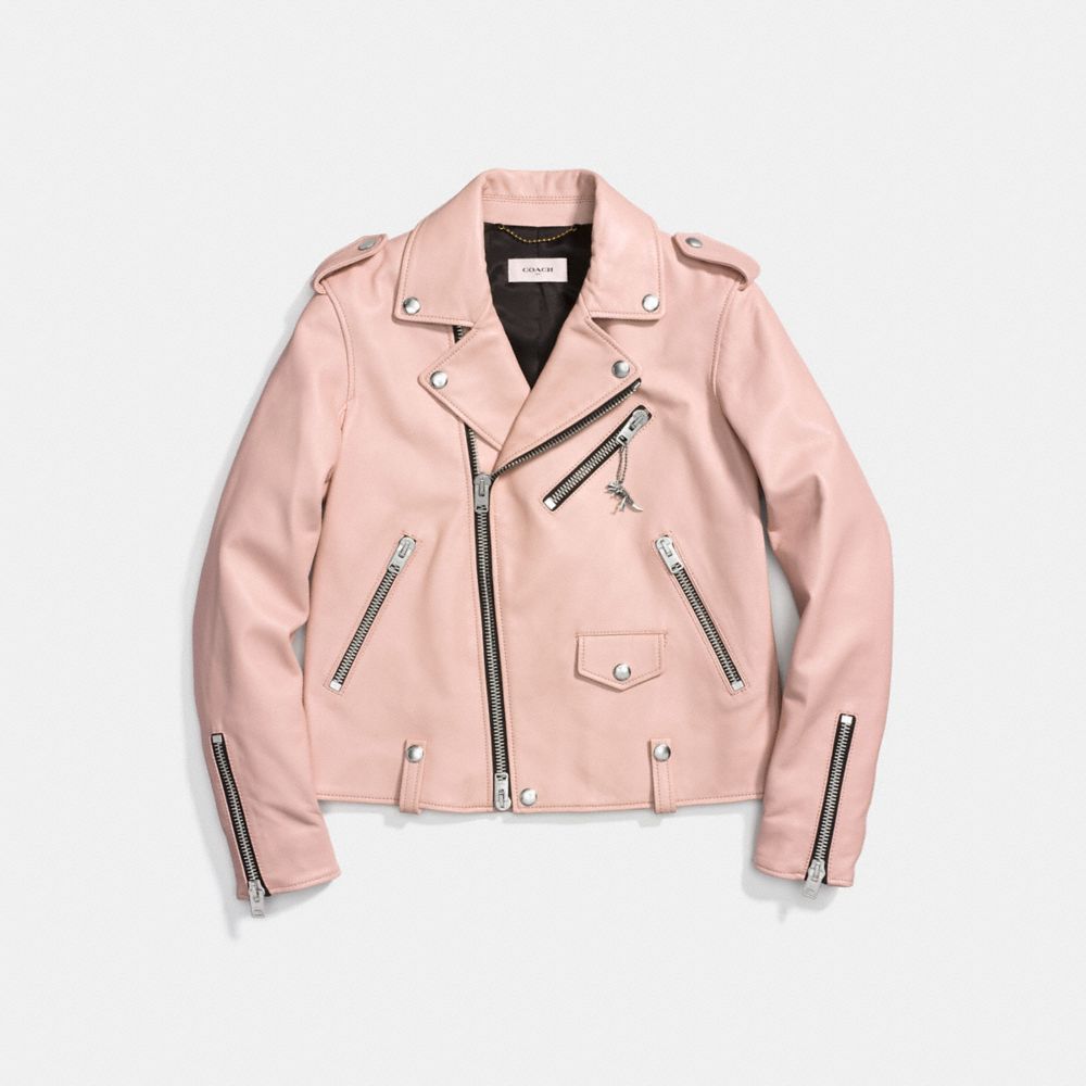COACH®,VESTE MOTO,Cuir,Rose poudré,Front View