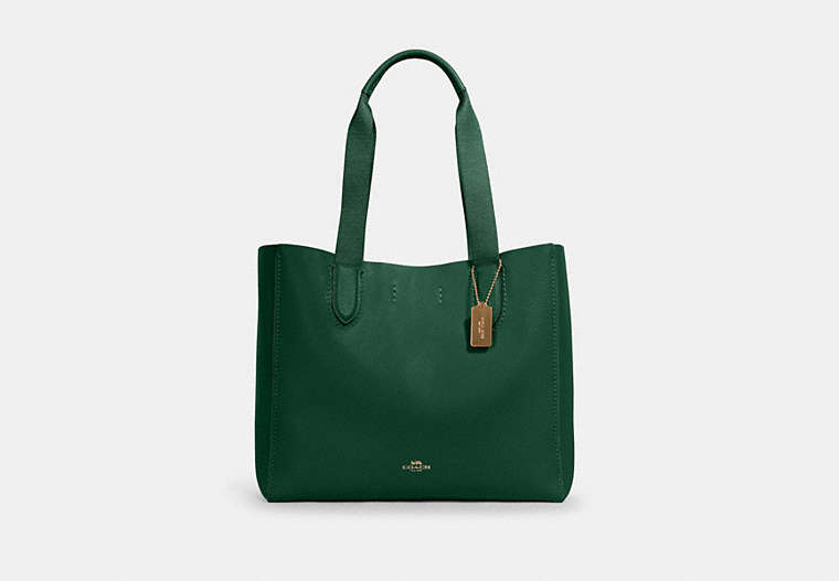COACH®,DERBY TOTE,Pebbled Leather,Large,Everyday,Gold/KELLY GREEN,Front View