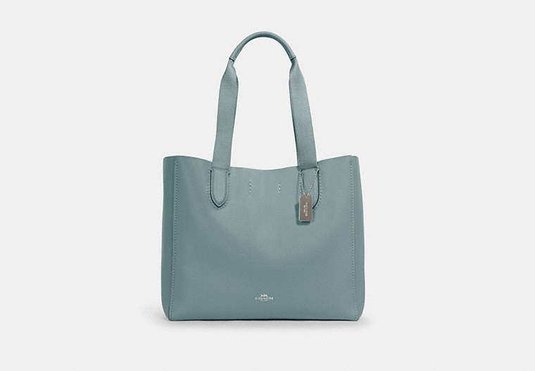 COACH®,DERBY TOTE BAG,Pebbled Leather,Large,Everyday,Silver/AQUA,Front View