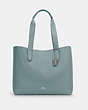 COACH®,DERBY TOTE BAG,Pebbled Leather,Large,Everyday,Silver/AQUA,Front View