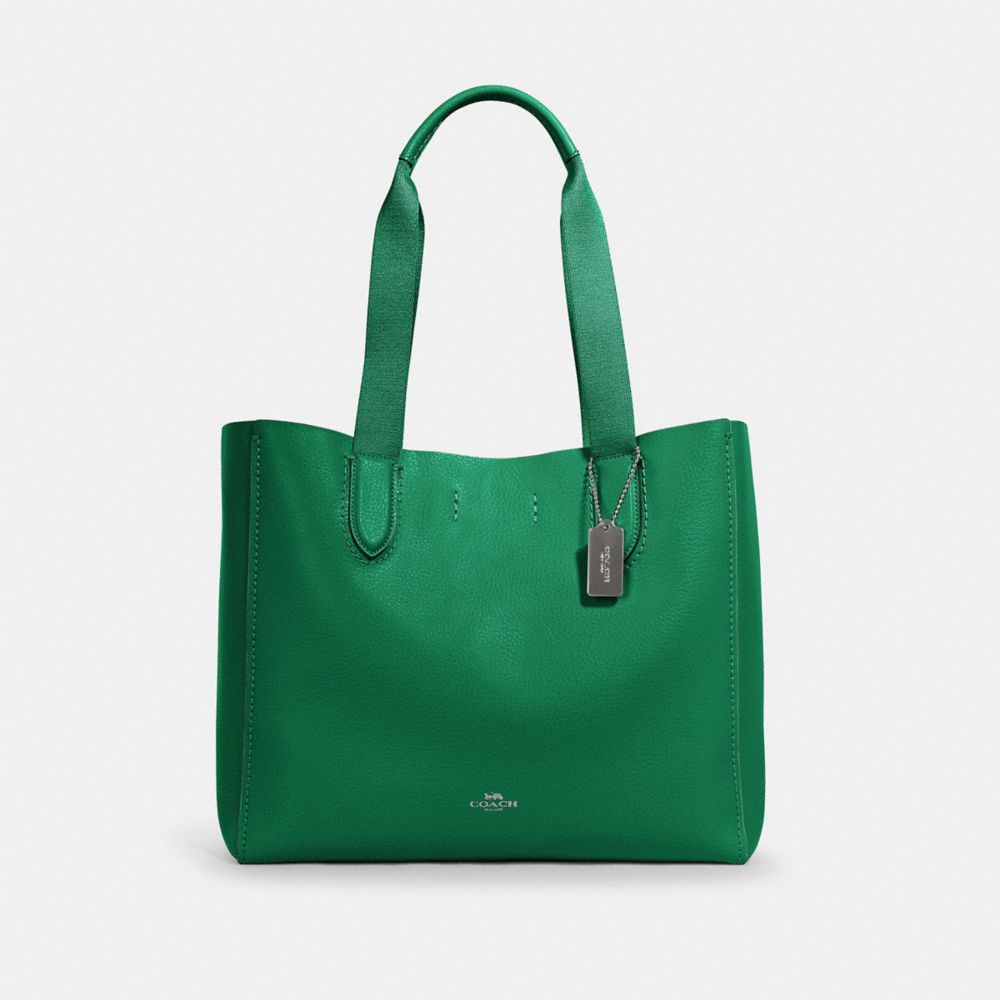 COACH®,DERBY TOTE BAG,Pebbled Leather,Large,Everyday,Silver/Shamrock,Front View