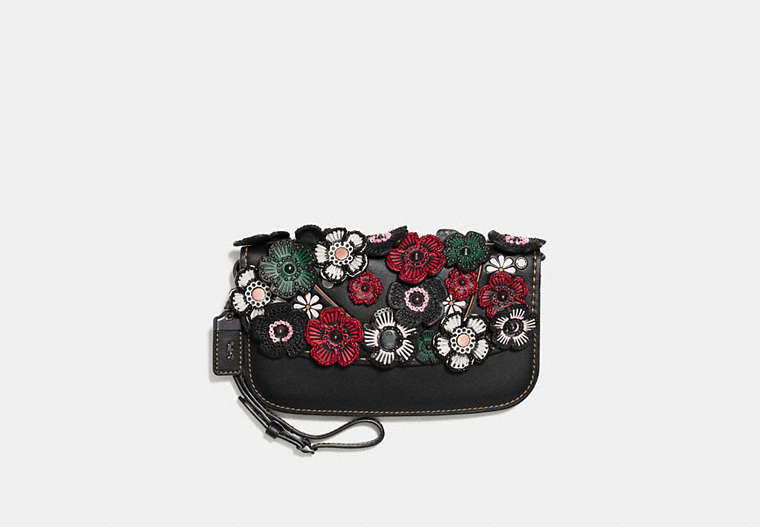 COACH®,SMALL CLUTCH WITH TEA ROSE APPLIQUE,Leather,Black Copper/Black,Front View