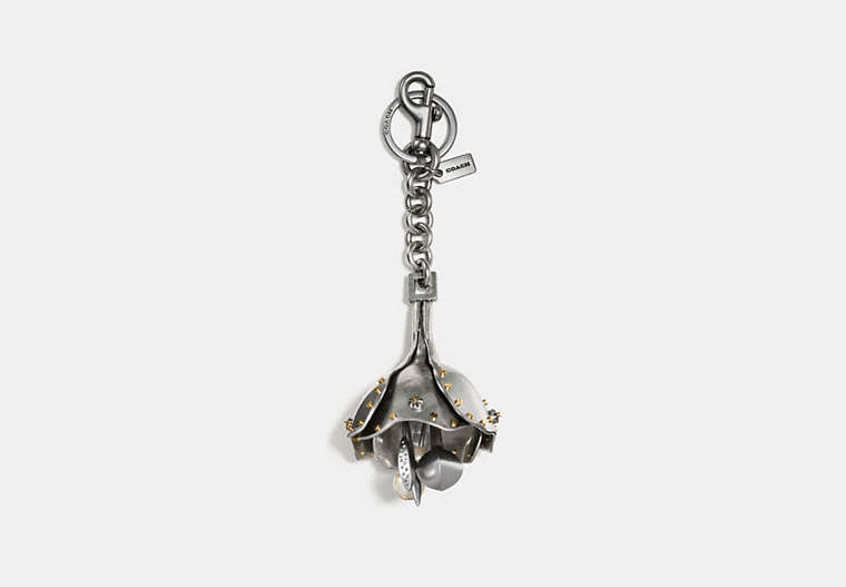 COACH®,LARGE STUDDED TEA ROSE BAG CHARM,Metal,Silver/Gold,Front View