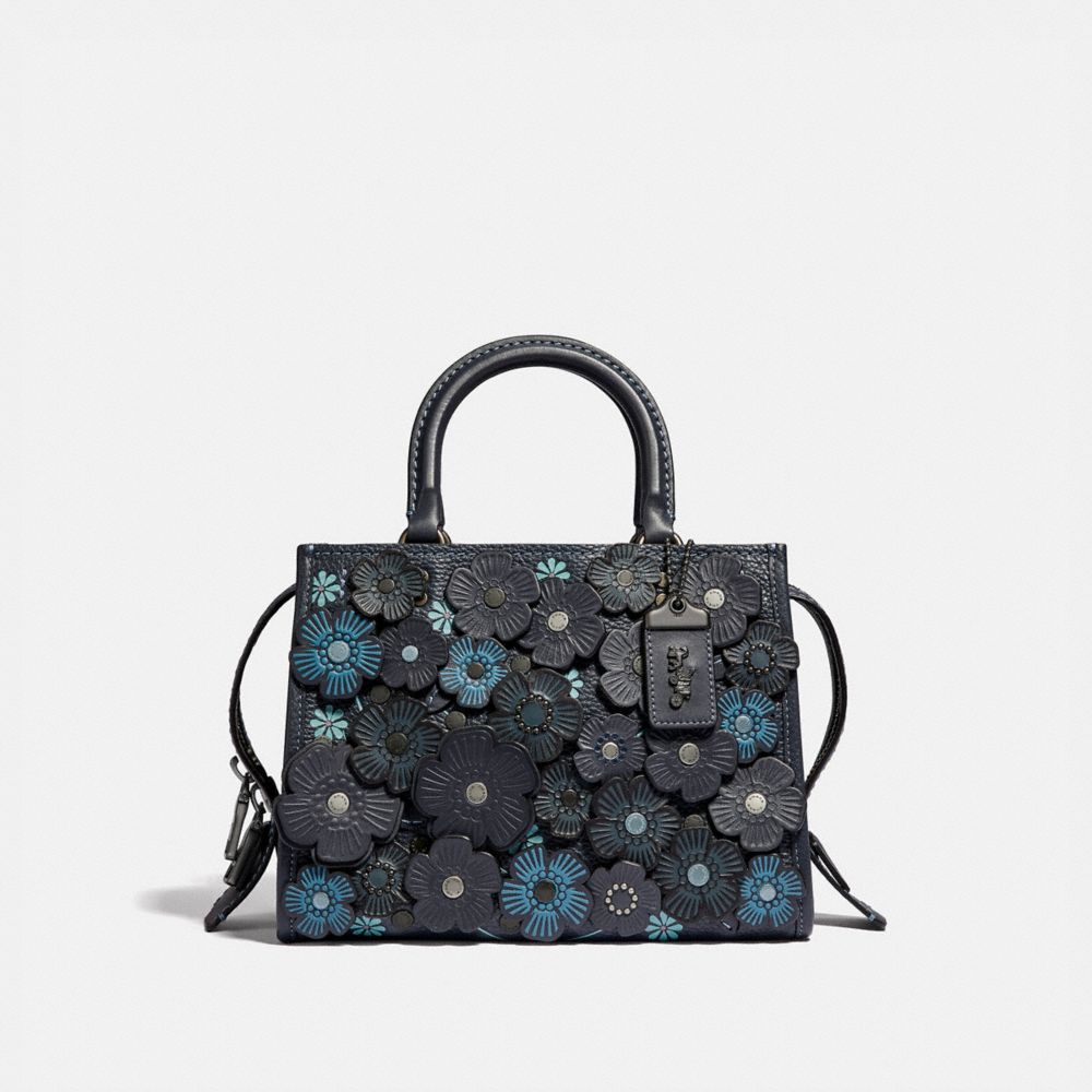 COACH®,ROGUE BAG 25 WITH TEA ROSE,Leather,Medium,Black Copper/Midnight Navy,Front View