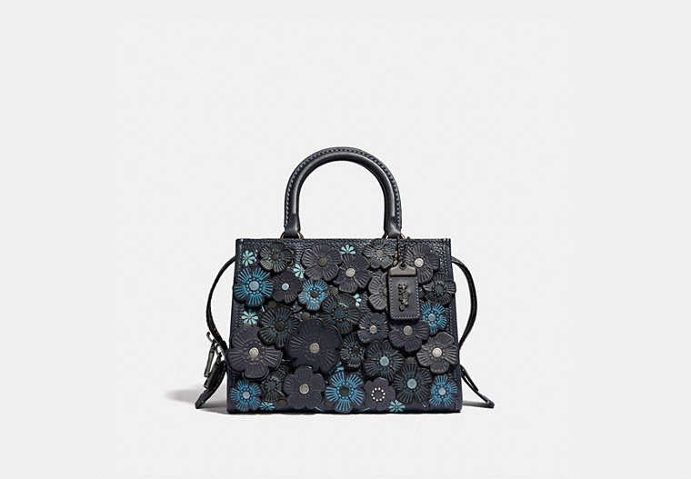 COACH®,ROGUE 25 WITH TEA ROSE,Leather,Medium,Black Copper/Midnight Navy,Front View