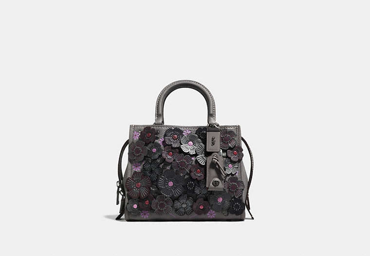 COACH®,ROGUE 25 WITH TEA ROSE,Leather,Medium,Black Copper/Heather Grey,Front View