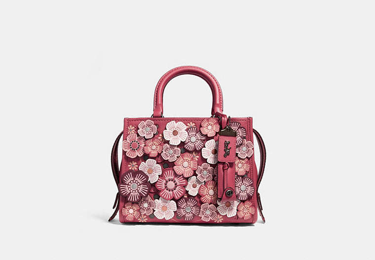 COACH®,ROGUE BAG 25 WITH TEA ROSE,Leather,Medium,Black Copper/Washed Red,Front View