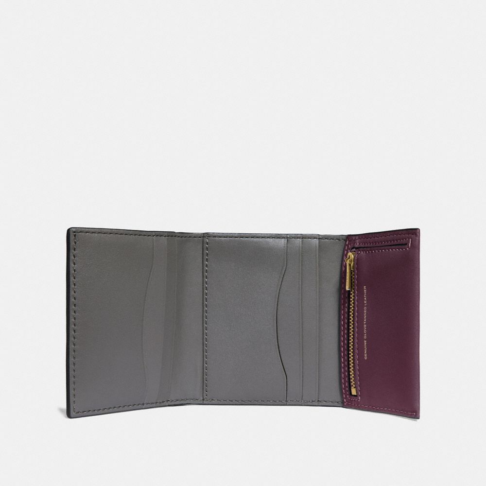 COACH®,SMALL TRIFOLD WALLET,Leather,Brass/Plum,Inside View,Top View